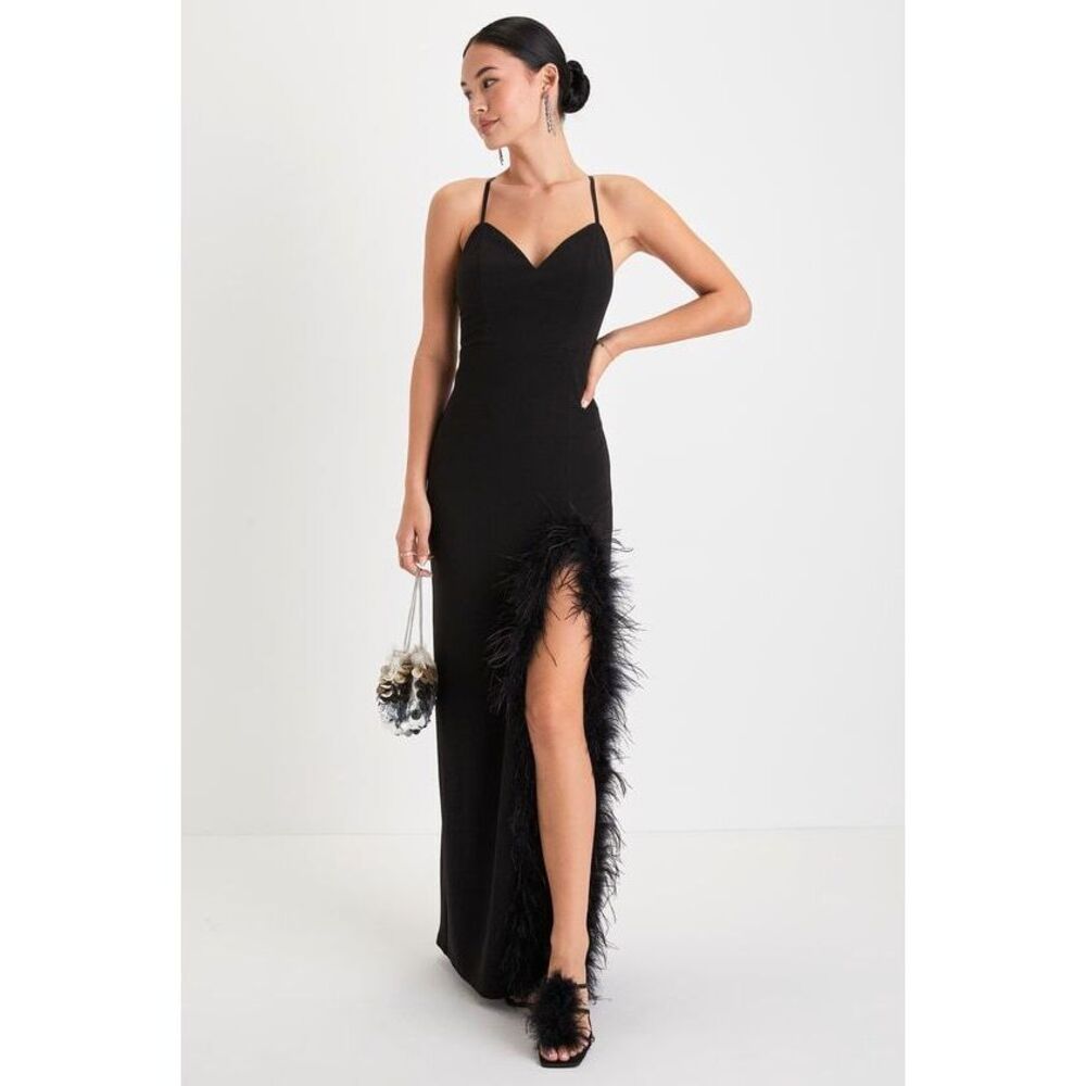Lulus Remarkable Muse Black Feather Backless Maxi Dress - Size M